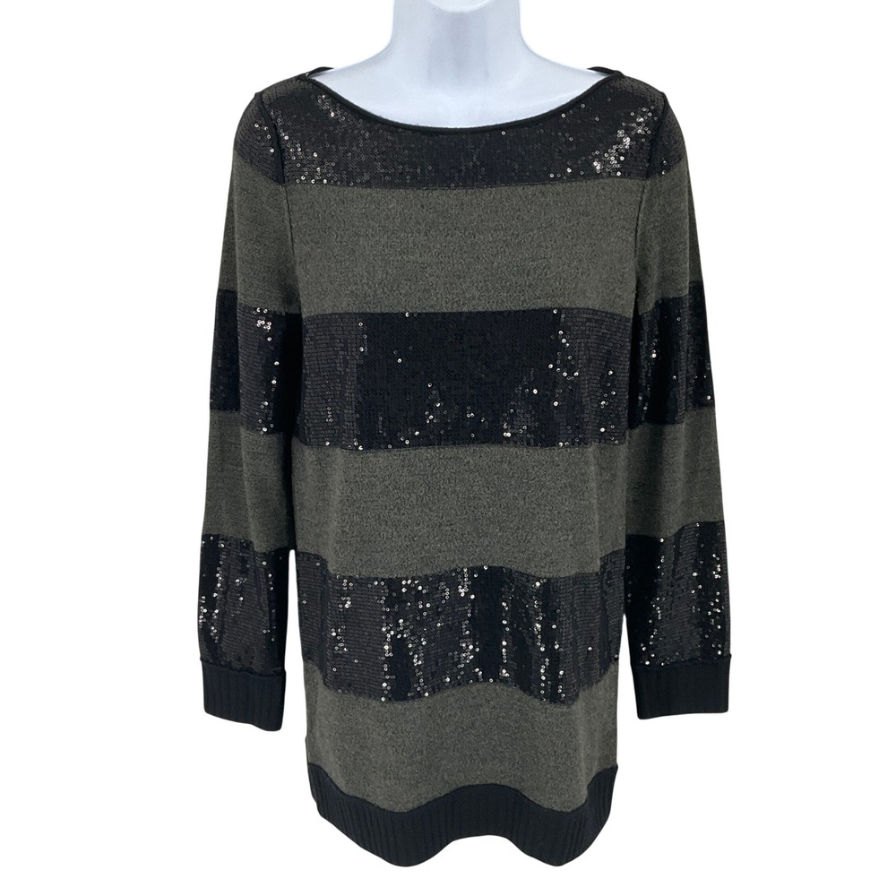 Alice + Olivia Sweater Womens XS Gray Wool Sequin Striped Luxury Designer Glam